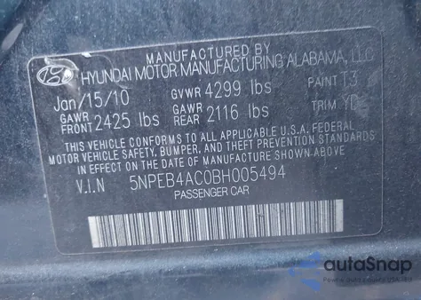 2011 Hyundai Sonata Gls from USA, damaged, VIN 5NPEB4AC0BH005494